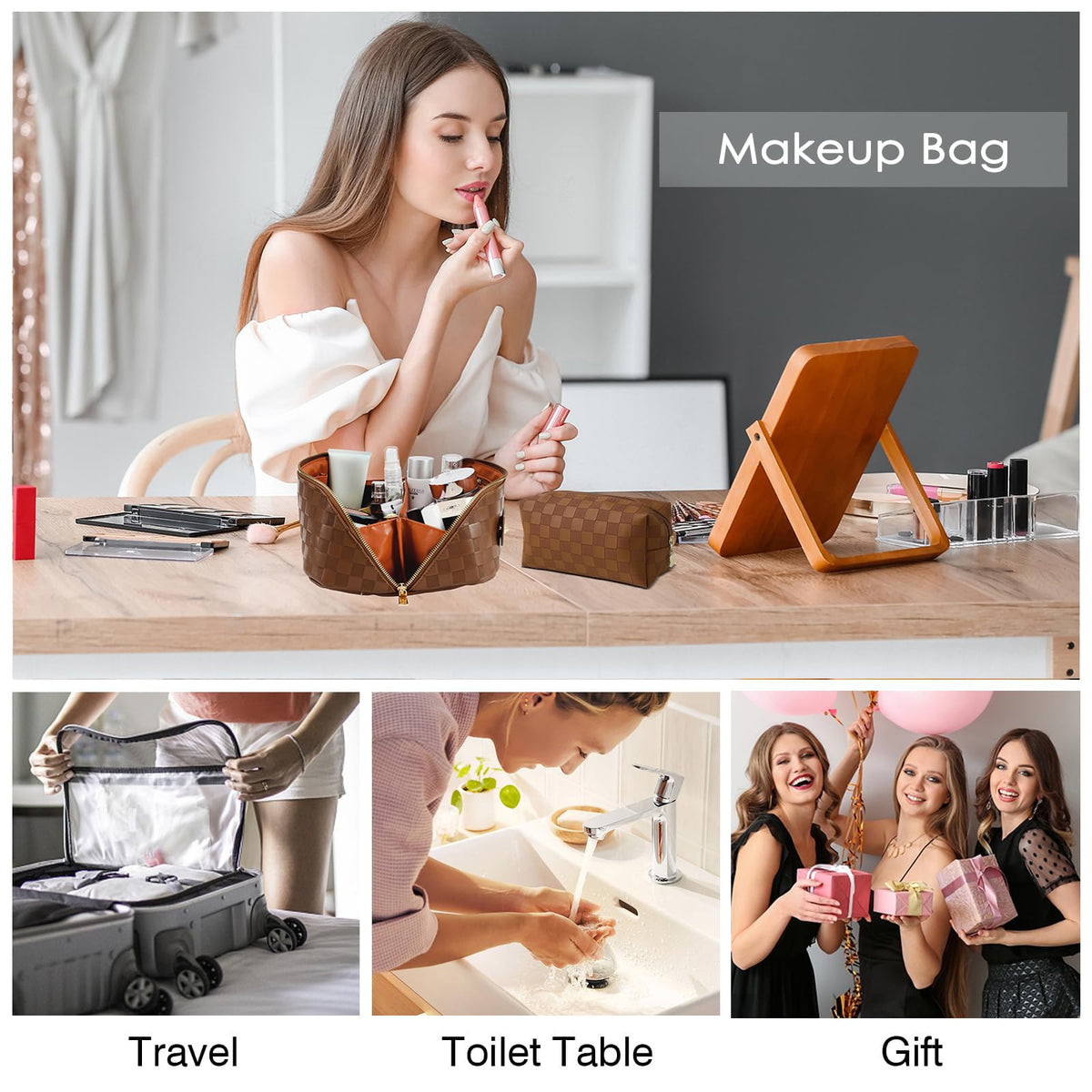 Checkered Travel Makeup Bags Cosmetic Organizer Bag: 2-Set Large Capacity Waterproof Makeup Bag - PU Leather Toiletry Bag for Women - Wide Open Portable Pouch with Handle and Divider (BLACK)