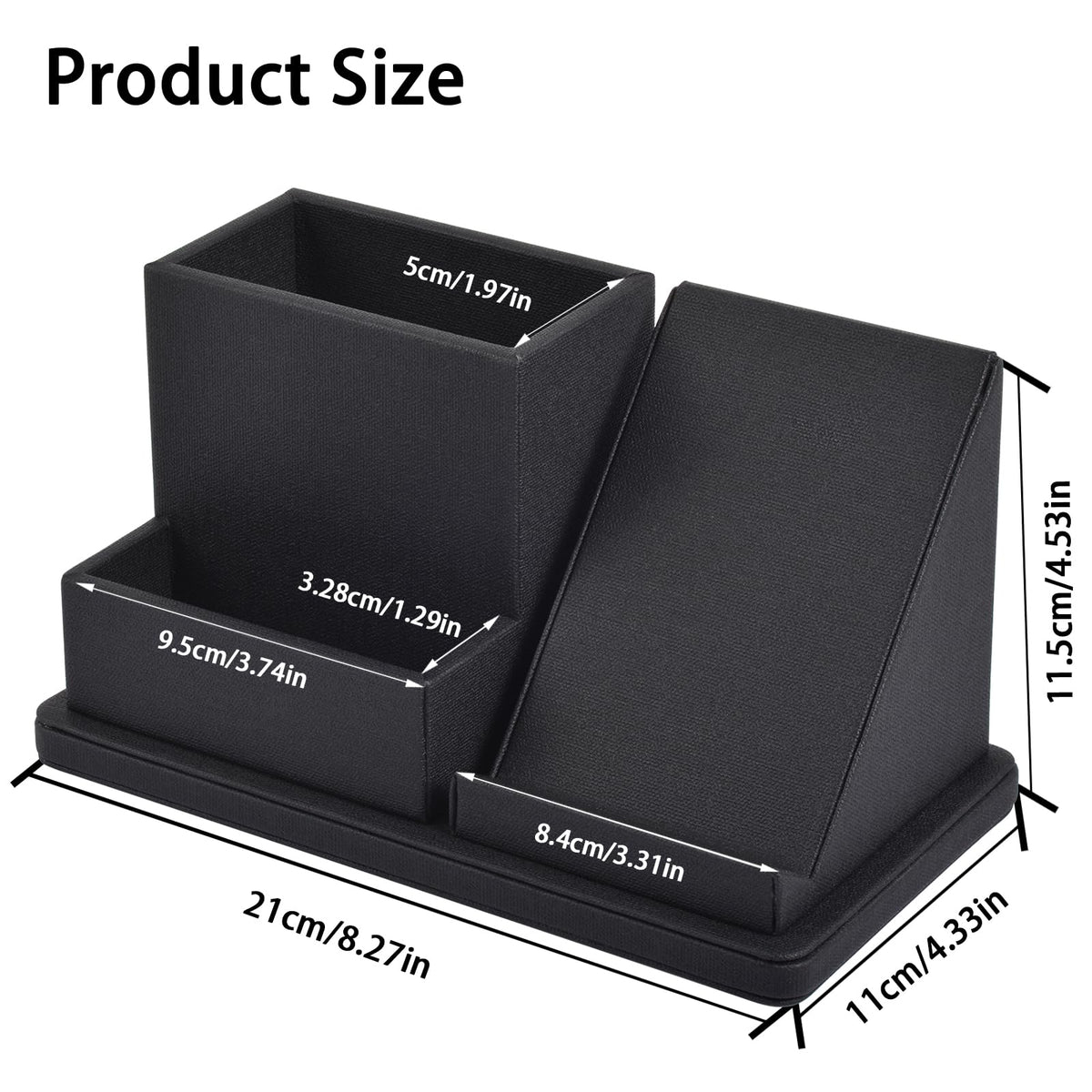 XNONE Pu Leather Desk Pen/Pencil Organizer Multi-Function Cell Phone/Remote Control Storage Box with 3 Compartments Office Supplies Sticky Note Tray Business Cards Holder,Black