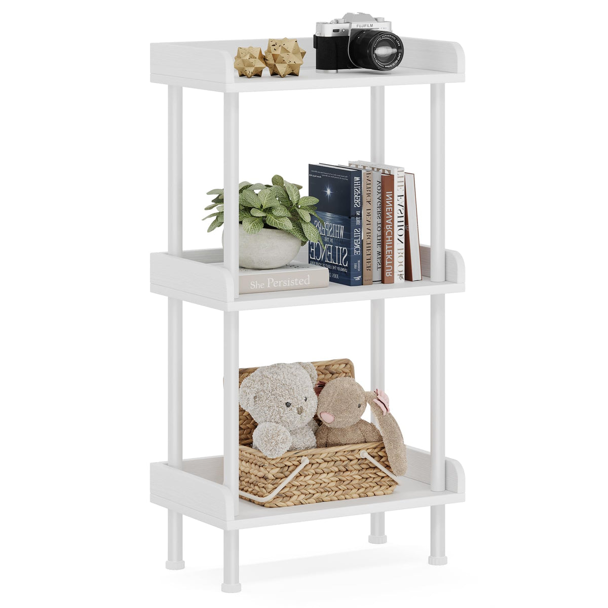 Hosfais 3 Tier Wood Bookcase Industrial Bookshelf with Edge Protection Metal Standing Book Shelves Display Book Rack for Living Room Bedroom Home Office (White)