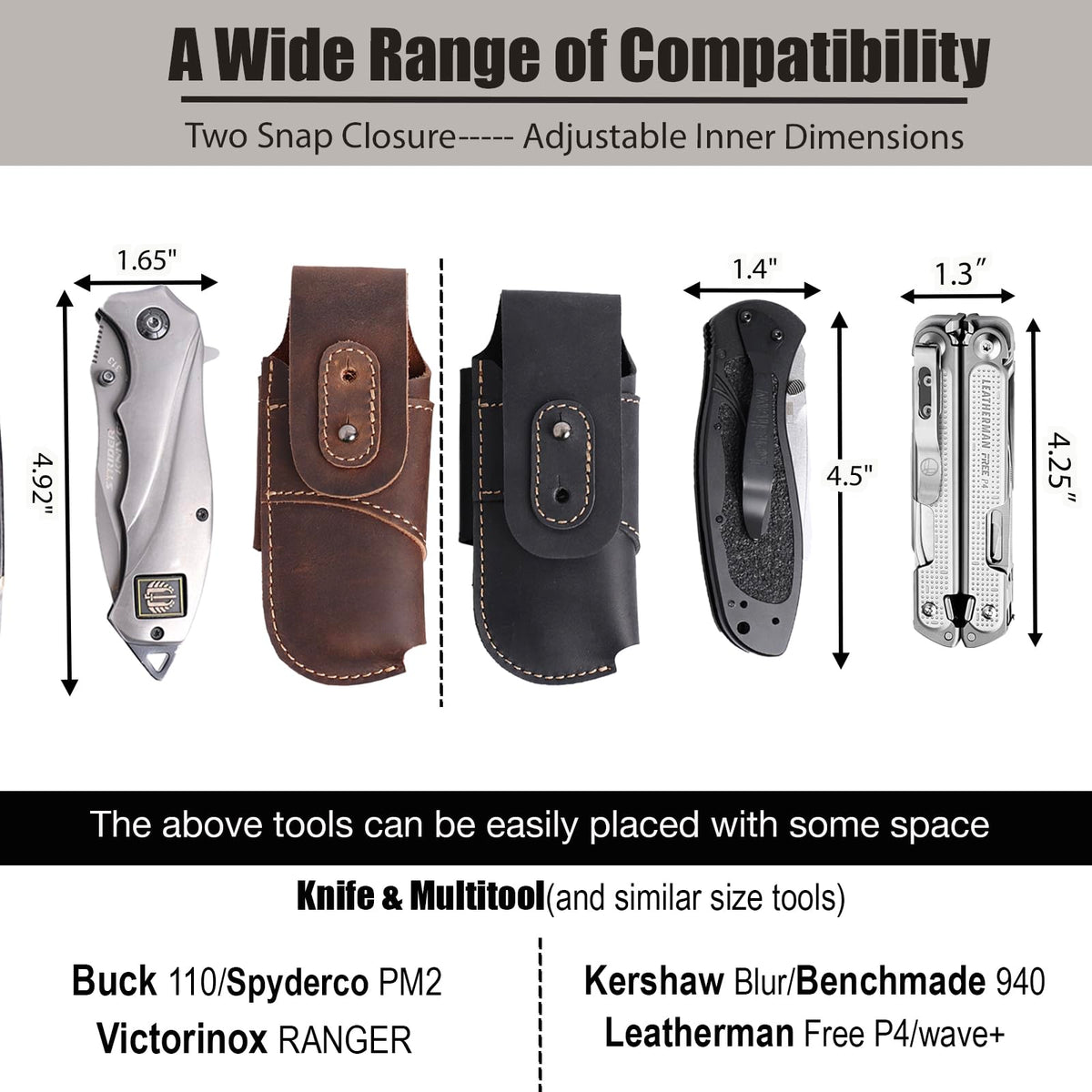 Topstache Leather Pocket Knife Sheath - Belt Loop EDC Belt Organizer - Horizontal Carry Knife Holder- Multitool Sheath with Two Snap Closure for Folding Knife, Darkbrown