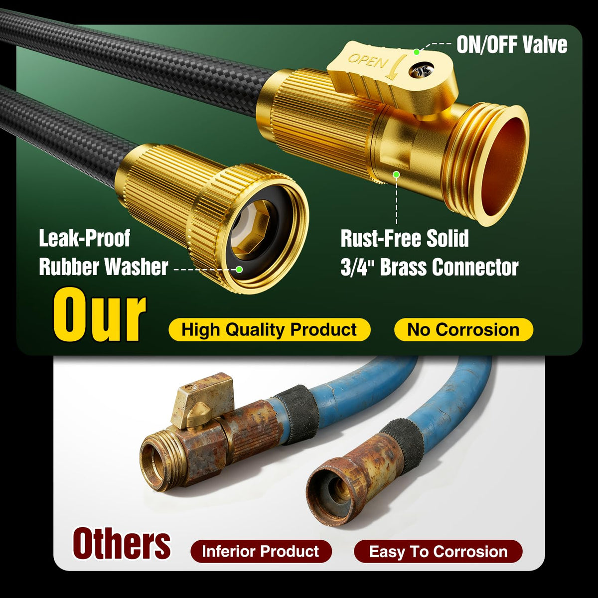 Garden Hose 50 ft Non-Expandable, Flexible Water Hose, Lightweight Hose with 10-Function Nozzle for Yard, Portable, Leak Proof, All-Weather Water Pipe for Outdoor, Car Wash, RV, Lawn