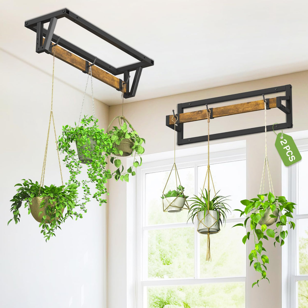 iDavosic.ly Plant Hanger Indoor Set of 2 for Wall & Ceiling, Metal and Wood Hanging Rod with 6 Hooks, Floating Flower Display Shelf for Window, Space Saving (Pots/Chains/Plants Not Included)