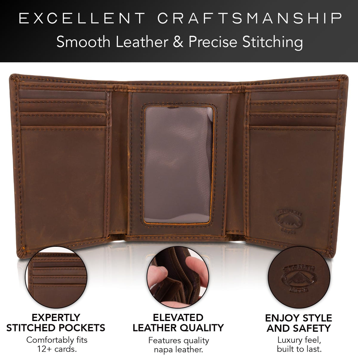 Stealth Mode Trifold Leather Wallet for Men with RFID Blocking (Brown)