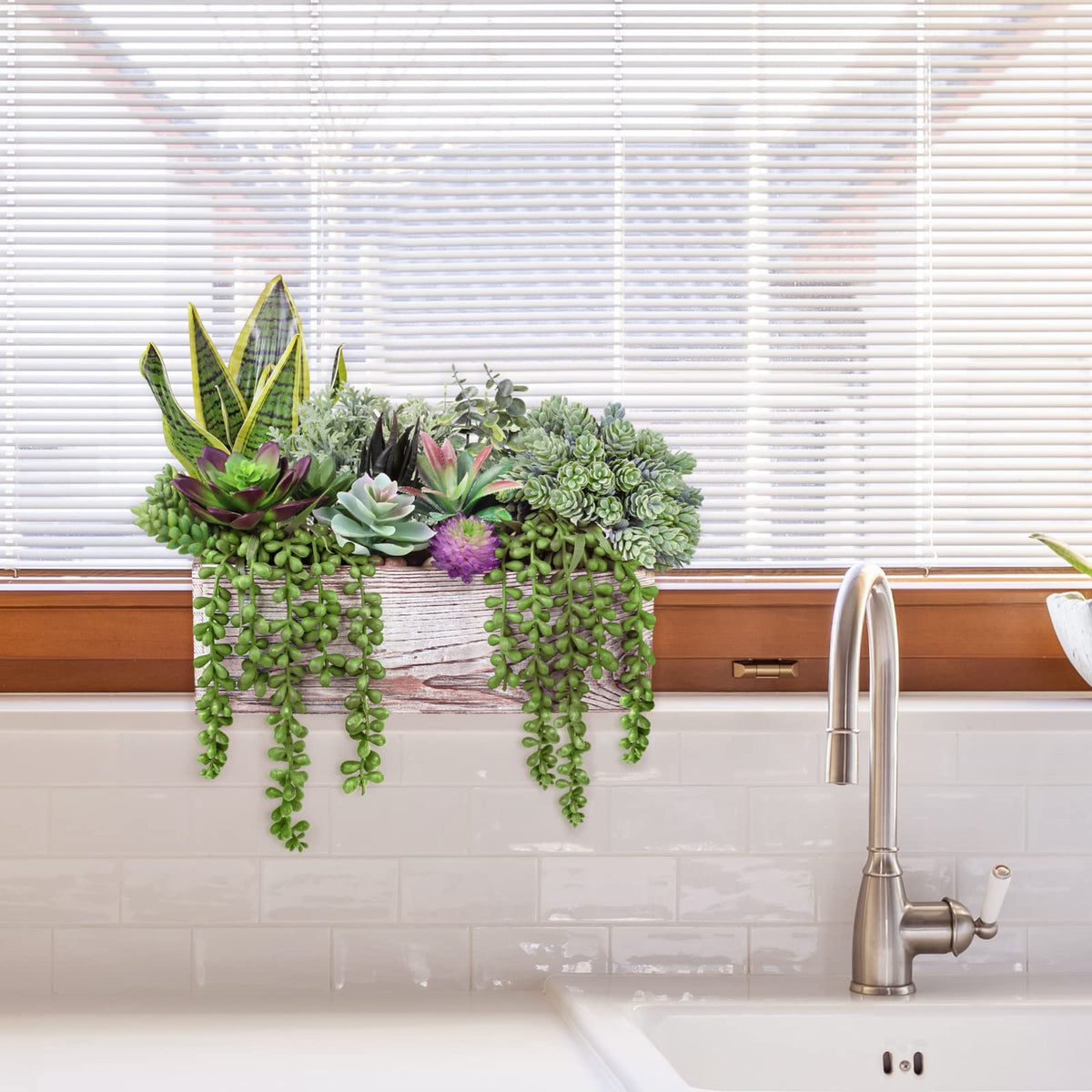 14 Pcs Assorted Artificial Succulents Fake Plants in Rectangular Wooden Pots Artificial Potted Succulents Plants Arrangement for Table Centerpiece Windowsill Shelf Mantel Tropical Greenery Decor