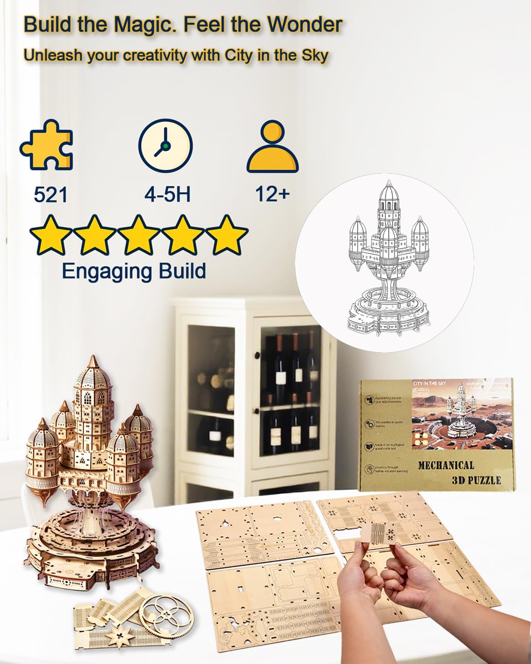 3D Wooden Puzzle for Adults – SkyCity Floating Castle Music Kit with LED Lights & Rotating Mechanism, DIY Mechanical Building Set, Hobbies Puzzle Models for Teens & Collectors