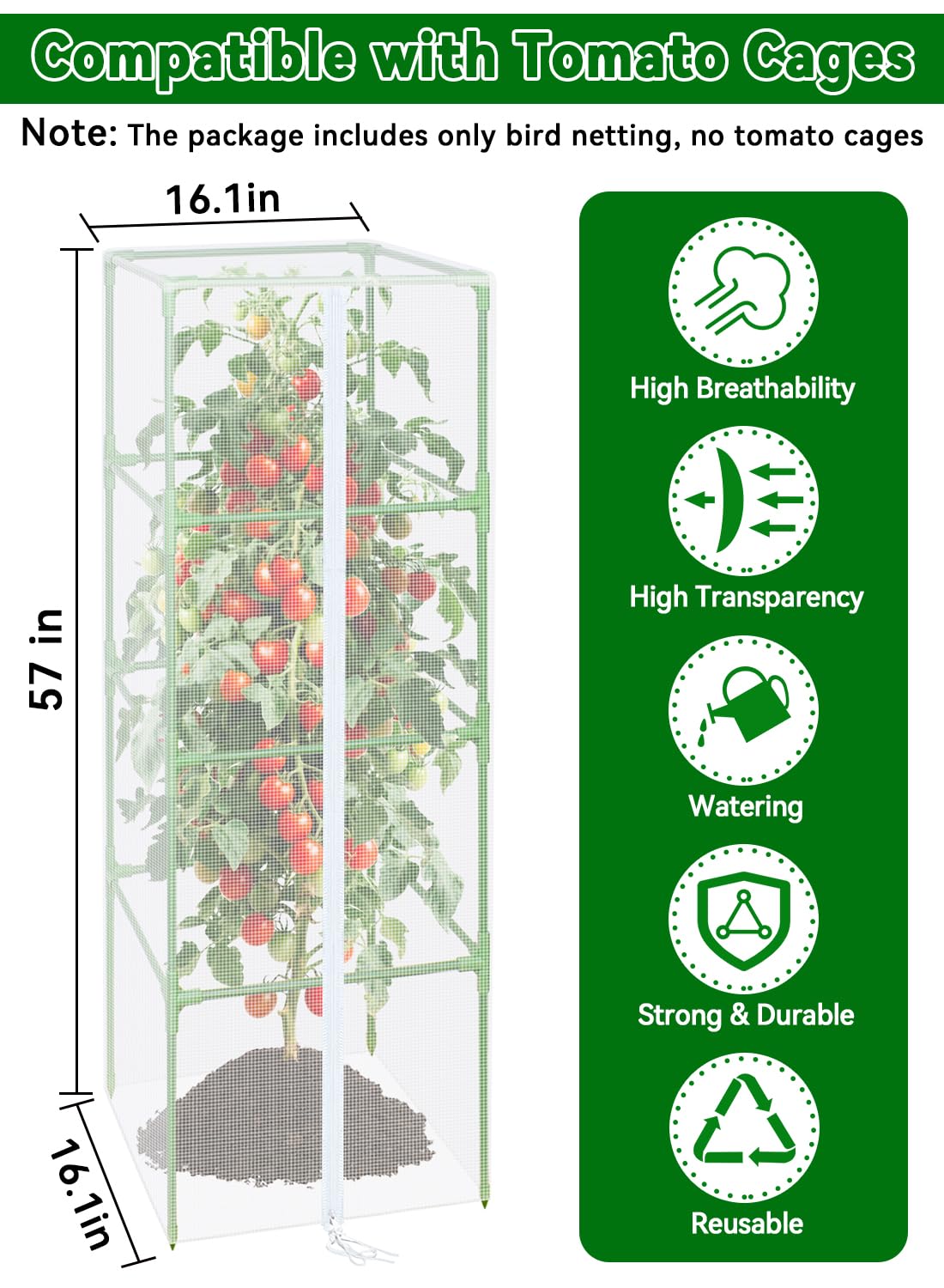 ZeeDix 57" x 16.1" Garden Bird Netting for Square Tomato Cage, 6 Pack Garden Mesh Barrier, Plant Covers Protect Tomatoes, Vegetables, Blueberry Bush from Birds & Pests