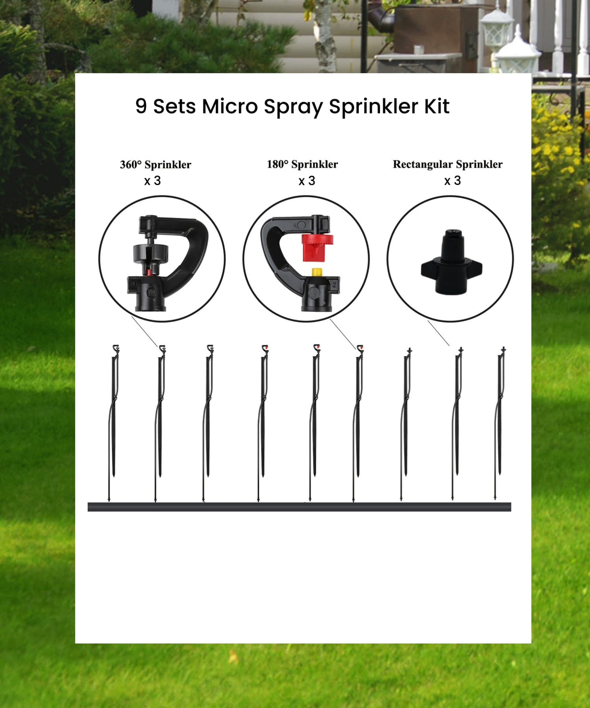 Drip Irrigation Micro Spray Emiters: 180° 360° and Rectangular Sprinkler Nozzles 3 pcs Each, with 1/4-Inch Tubing and Barbed Inlet on 20-Inch High Stake 9 pcs