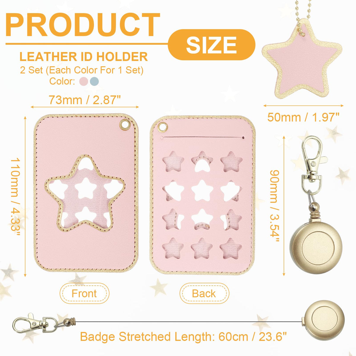 PATIKIL Retractable Badge Holders, 2 Pcs Cute Leather ID Holder with Badge Reels Keychain ID Card Clip Protector Cover for Women Work Office Business Trip, Pink/Light Blue