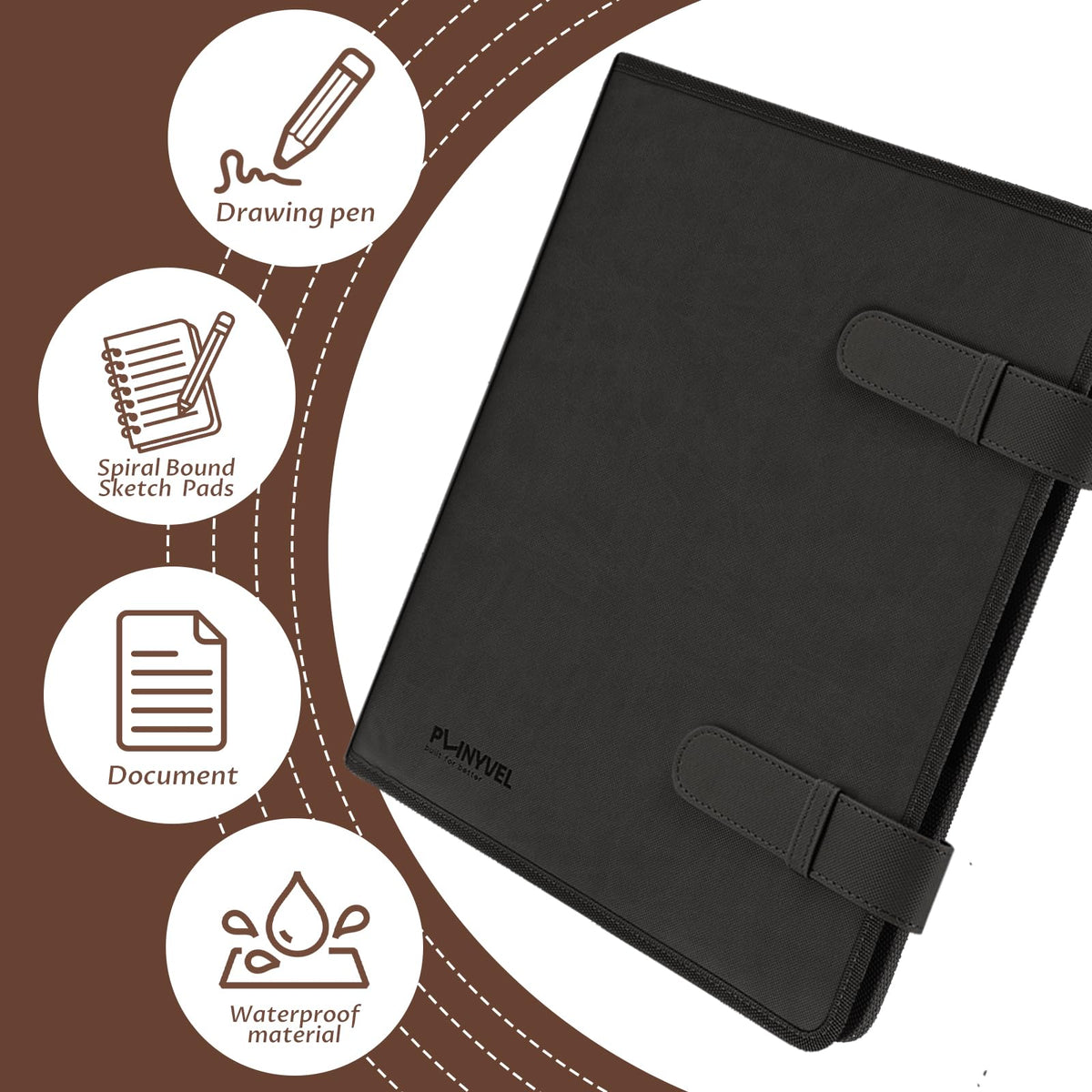 Plinyvel Leather Sketchbook Cover for 9x12 - Travel Portfolio Case with Storage, Holds Large Sketch Book & Spiral Pad | All-in-One Artist Organizer with Pencil Holder (Black)