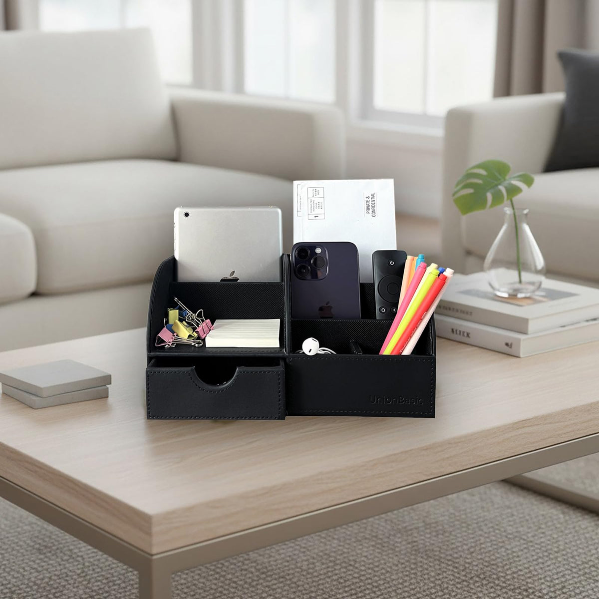 UnionBasic Desk Organizer - Multifunctional Leather Desktop Pen Holder Storage Box - Business Card/Pen/Pencil/Mobile Phone/Stationery Holder, Black