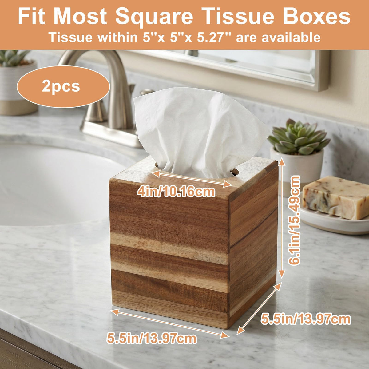 Giloaou 2-Pack Tissue Box Cover, Square Tissue Box Holder Wood Paper Holder for Bathroom Office Living Room, Modern Farmhouse Decor (5.5 x 5.5 x 6.1 inch)