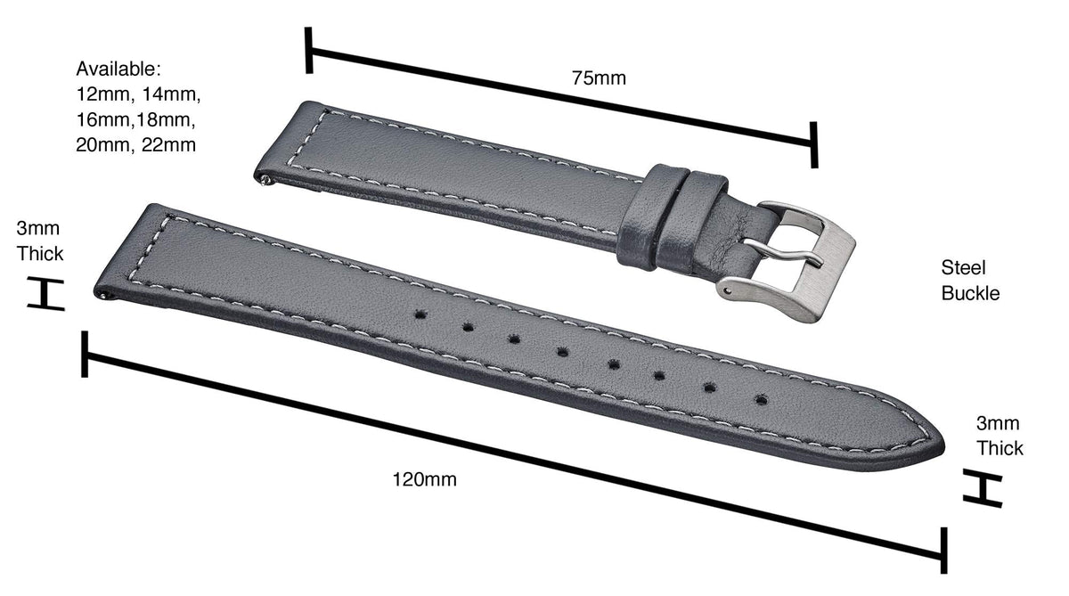 STUNNING SELECTION ALPINE flat Stitched Genuine Leather Watch strap with Quick Release Spring Bars - Grey - 14 mm