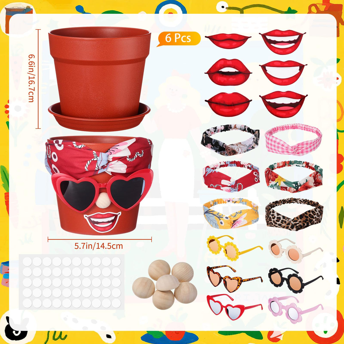 SiliFine 6 Sets Funny Plastic Pots for Crafts Lady Face Flowerpots Include 6.6 Inch Planters Hair Band Decorative Glasses Wood Particle Lip Stickers Glue Points for DIY Crafts Garden Decor