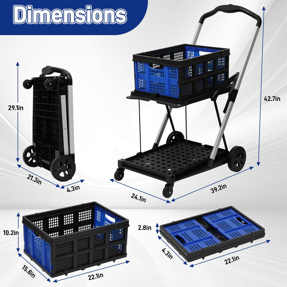 Collapsible Shopping Cart with 2 Bins Grocery Cart on Wheels Multi Use Two Tier Folding Cart for Farmers Market,Kitchen,Grocery Shop