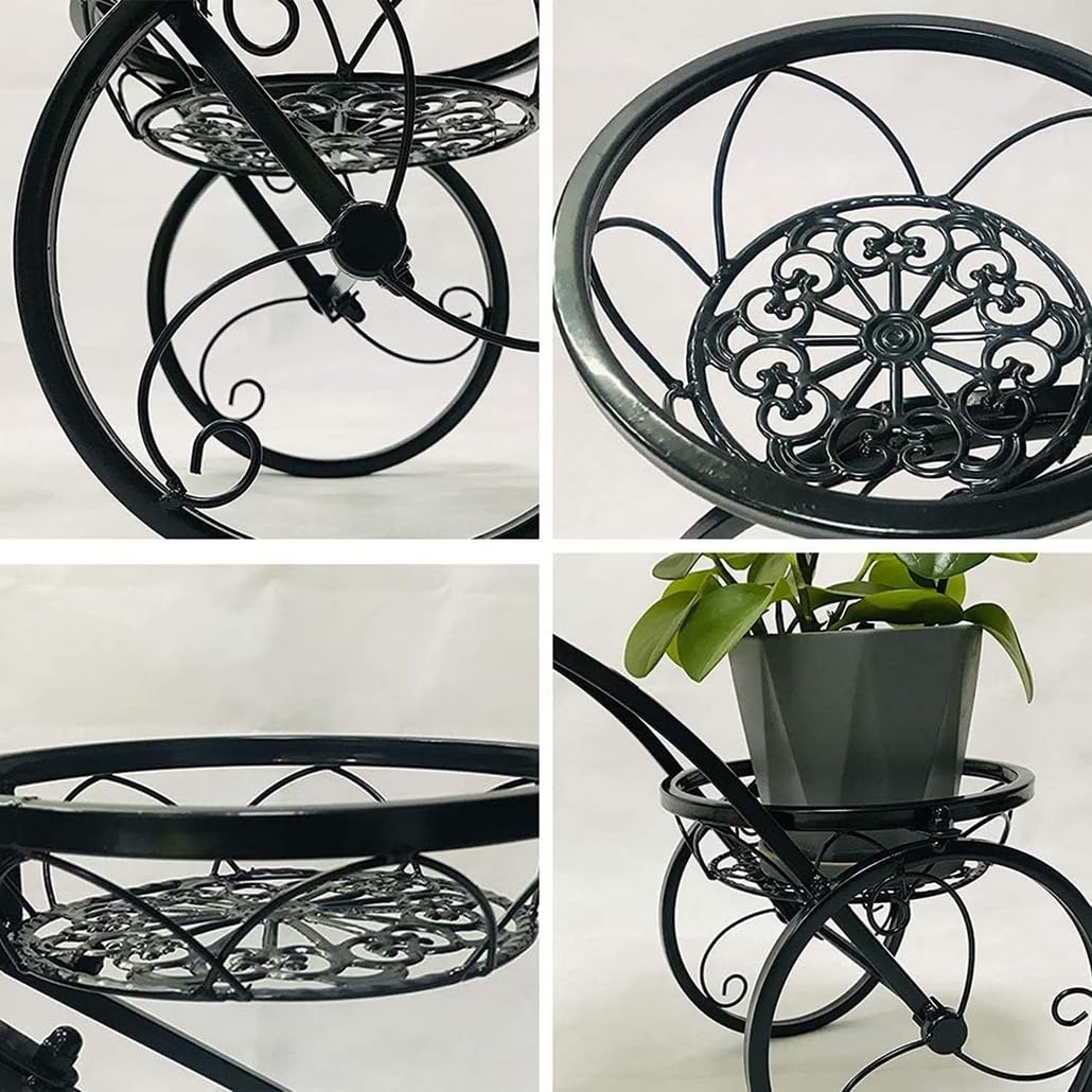 Wrought Iron Bicycle Home Garden Decor Iron Plant Stand,Plant Flower Pot Stand Flower Stand, 3 Tiered Small Bicycle Display Rack Stand Holds for Garden Patio Brown