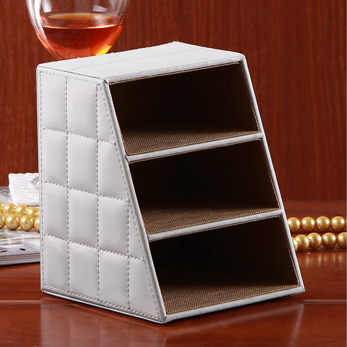 RHCSZ Fashionable PU Leather TV Remote Control Holder with 3 Compartments,Multifunction Desktop Organizer Holder, Media Accessory Storage & Organize Controllers (white)…