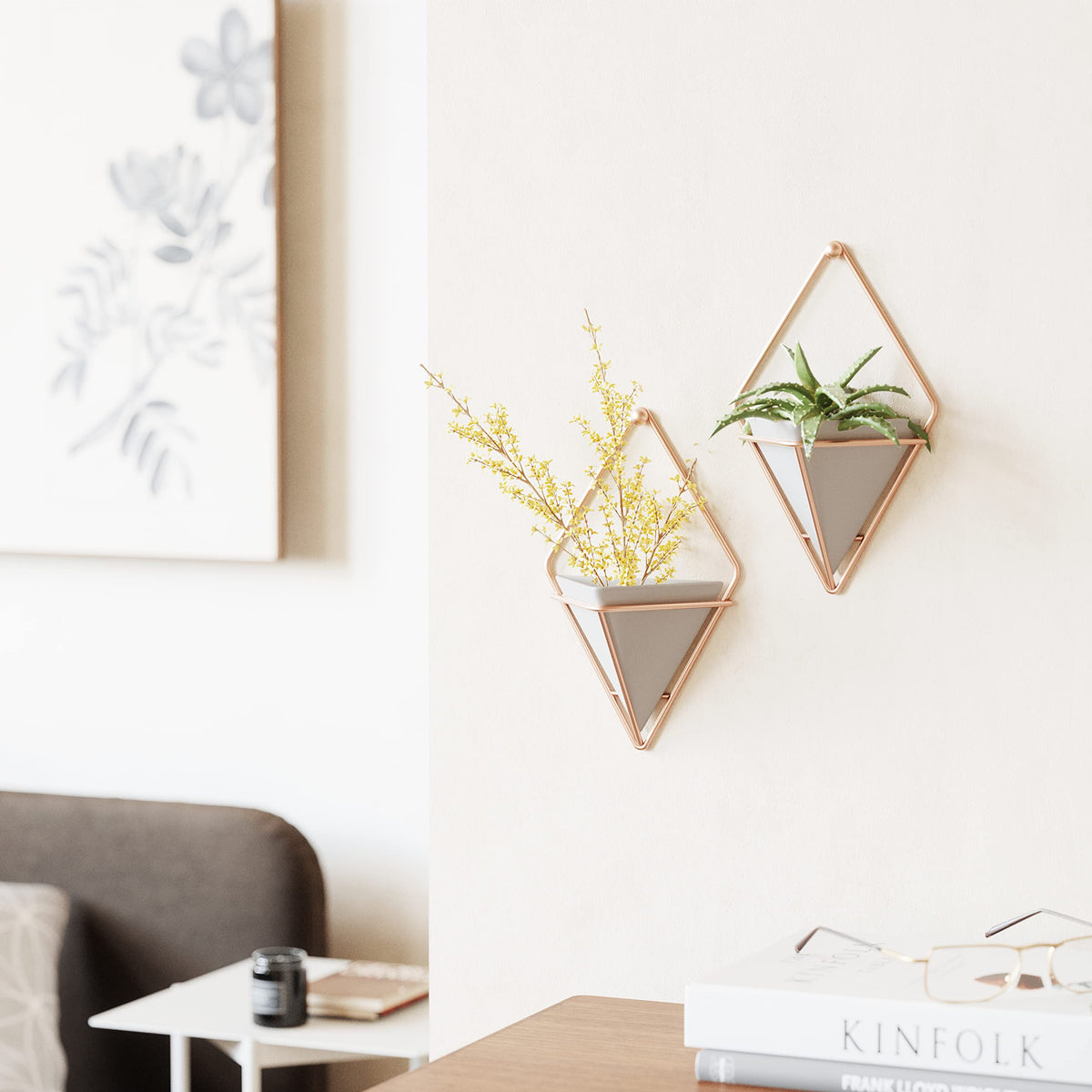 Umbra Trigg Hanging Planter Vase Wall Decor, Set of 2 Pots Containers for Succulents, Cactus, Faux Plants, and More, Small, Grey/Copper
