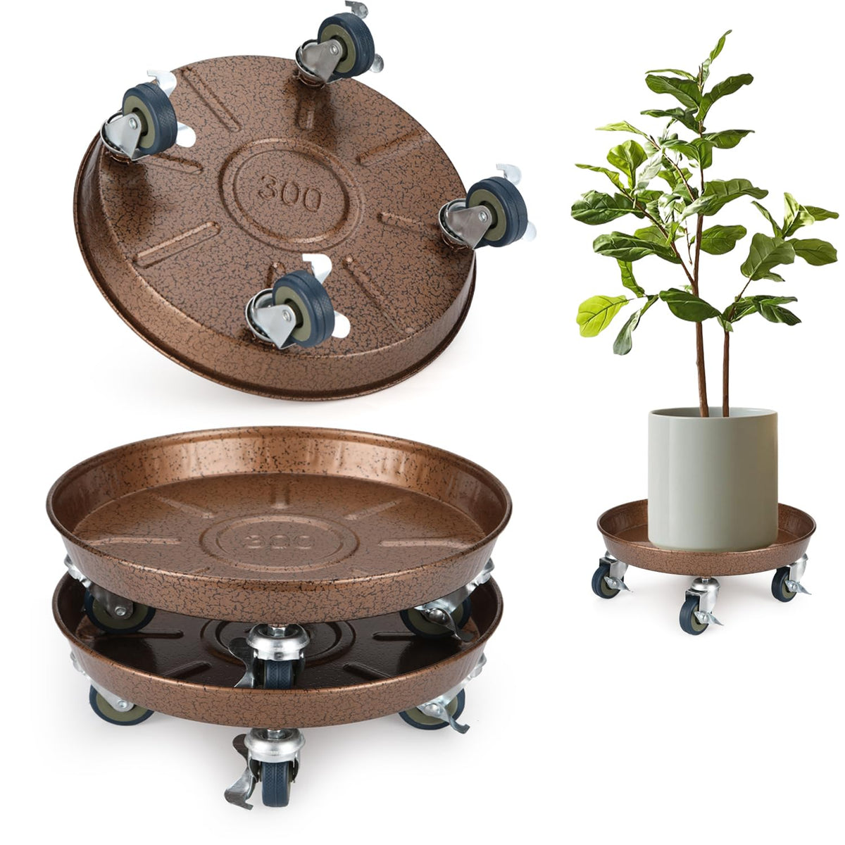 2 Pack Plant Caddy with Wheels, 12" Rolling Plant Stand 265 LBS Heavy Duty Metal Tray No Holes with Large Metal 360° Lockable Caster Wheels for Outdoor Indoor Large Plant Pots, Flower Pot, Patio
