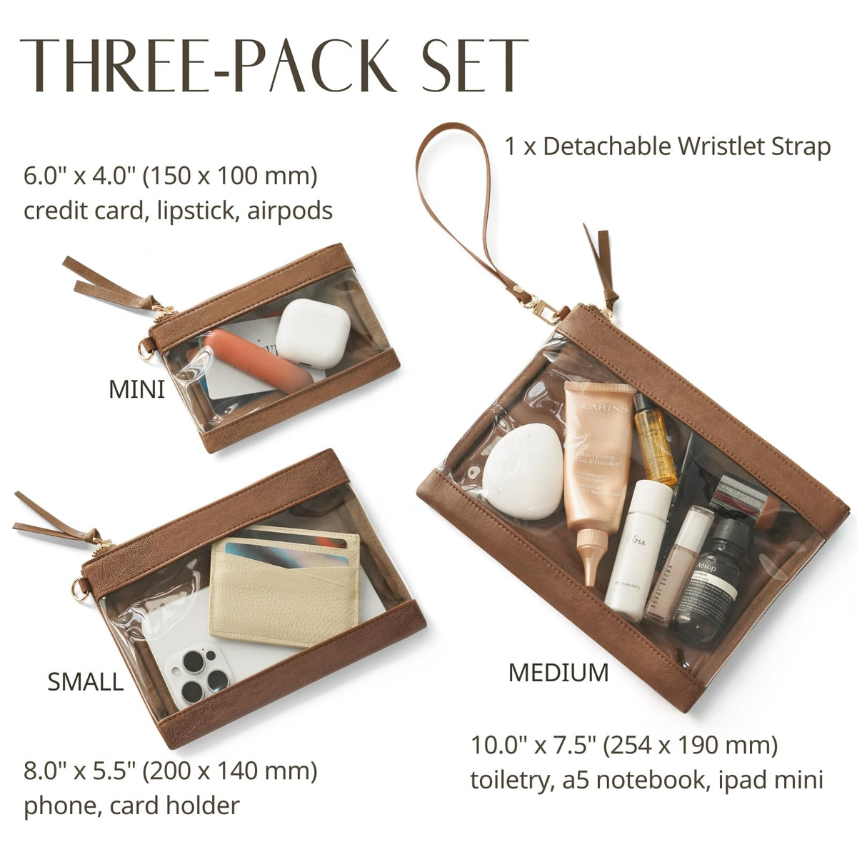 Popvibe Clear Makeup Bag with Zipper Travel Pouch Organizer Bag for Purse Cosmetic Bag Women Clear Travel Bag for Toiletry Traveling Car Essential Make Up Bag Set 3 Pack Brown