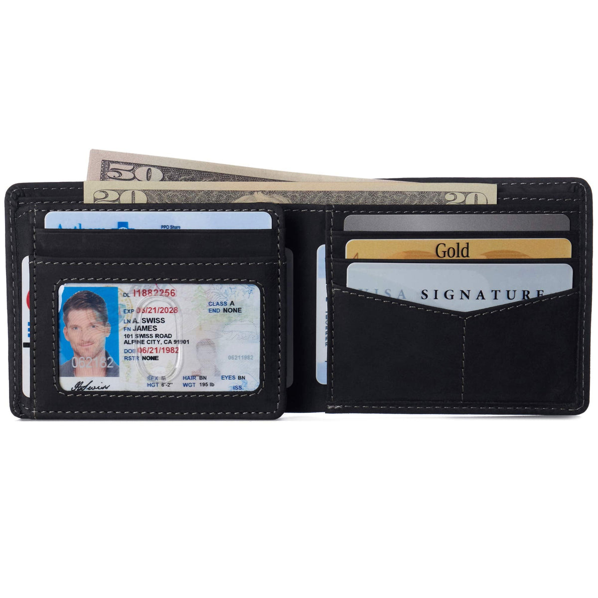 Alpine Swiss Mens Wallet for Men | RFID Protected Leather Mens Wallet | Spencer Bifold with Divided Bill Section | Gift Box | 2 ID Windows | 14 Card & Storage Pockets for Organization Nubuck Black