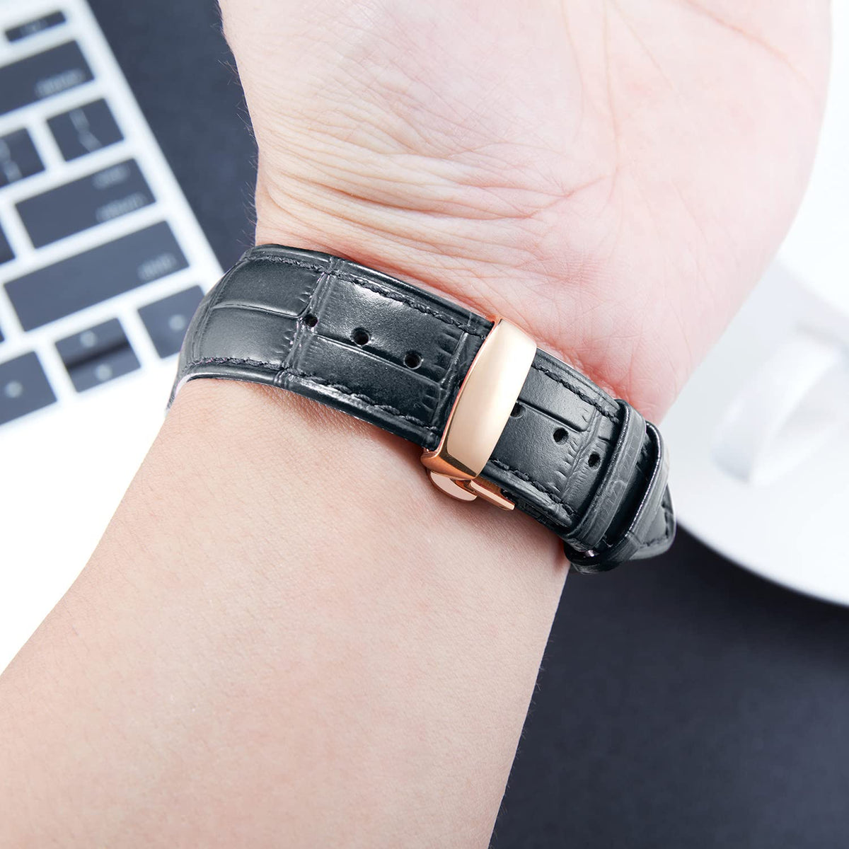 BINLUN Leather Watch Strap, Quick Release Genuine Leather Replacement Watch Band with Butterfly Deployment Buckle for Men and Women, 12mm-24mm(Black-Rose Gold,18mm)