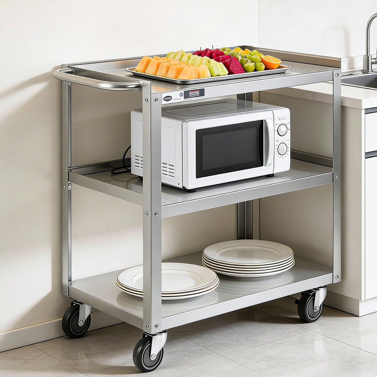 Hally Stainless Steel Utility Cart 3 Tier NSF Commercial Heavy Duty Metal Mobile Food Rolling Cart with Handle and Wheels for Kitchen, Restaurant, Hospital, Laboratory and Home, 31" L x 19" W x 34" H