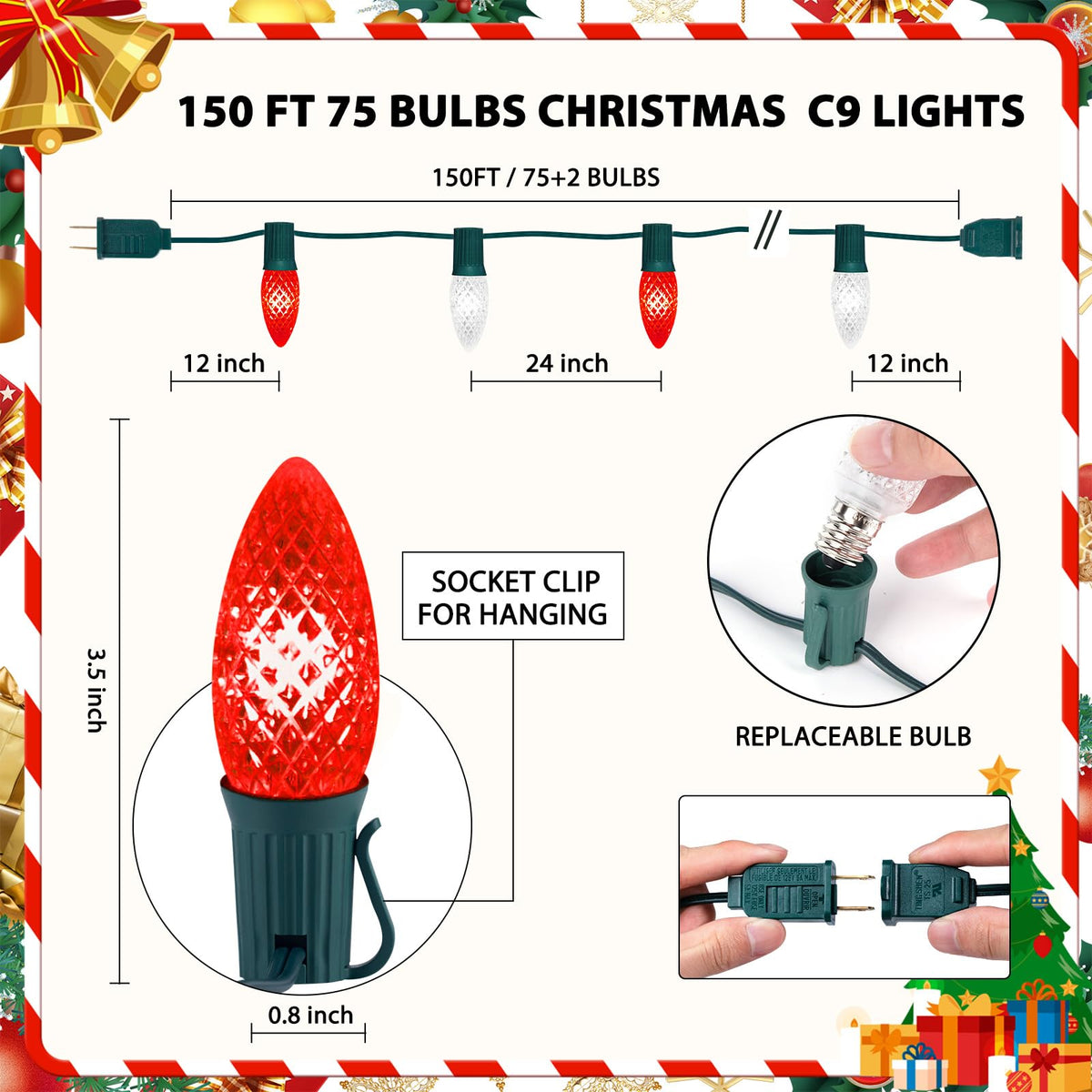 Minetom C9 LED Christmas String Lights, 150 FT, 75 LEDs, Waterproof, Red and Pure White, UL Certified for Indoor/Outdoor Decor