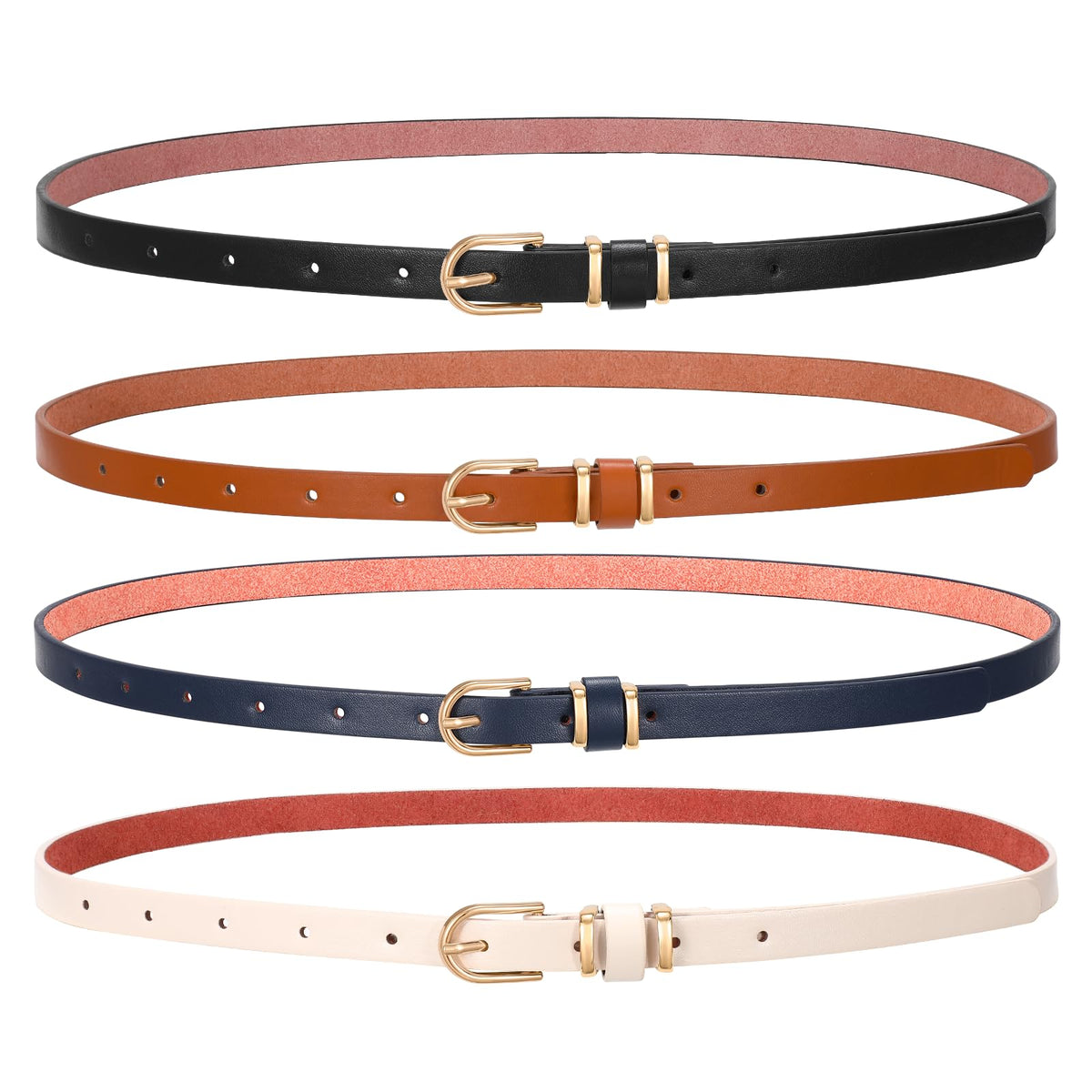 SANSTHS 4 Pack Women Thin Belts for Jeans Dresses Coats Skinny Women Belt with Gold Alloy Buckle, Black+Brown+Blue+Beige M