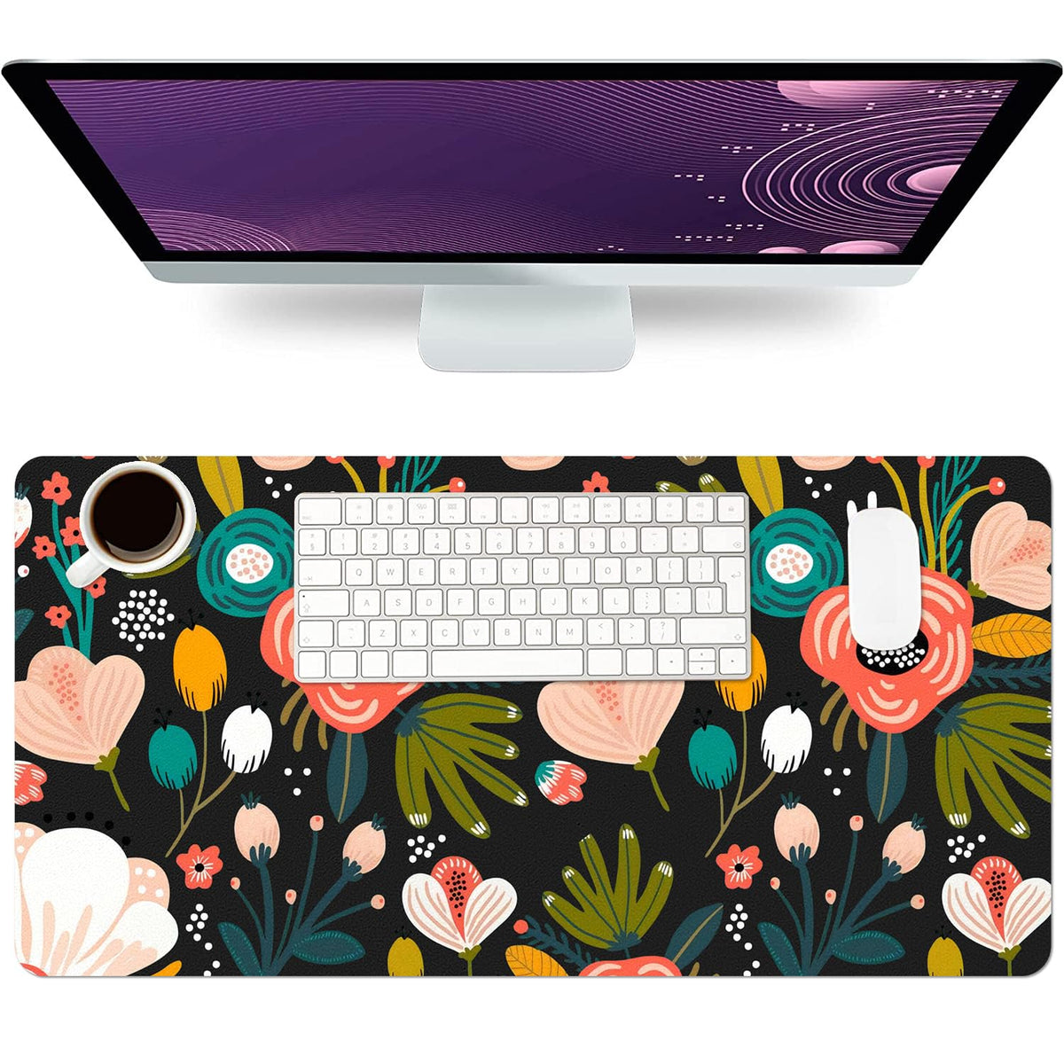 Desk Mat Large Protector Pad 31.5" ×15.7", Non-Slip PU Leather Desk Blotter, Waterproof Mouse Pad for Office Home Black Floral