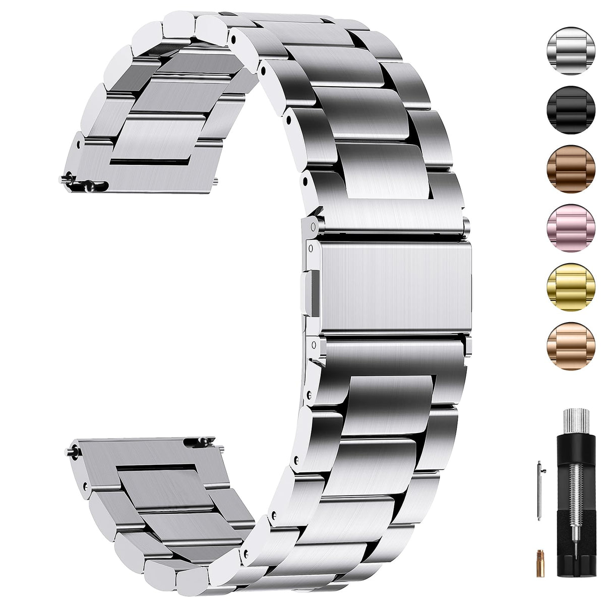 Fullmosa Stainless Steel Watch Band 16mm 18mm 19mm 20mm 22mm 24mm, Quick Release Metal Replacement Strap with Removable Links, Includes Spring Bars & Link Removal Tool for Men Women (22mm, Silver)