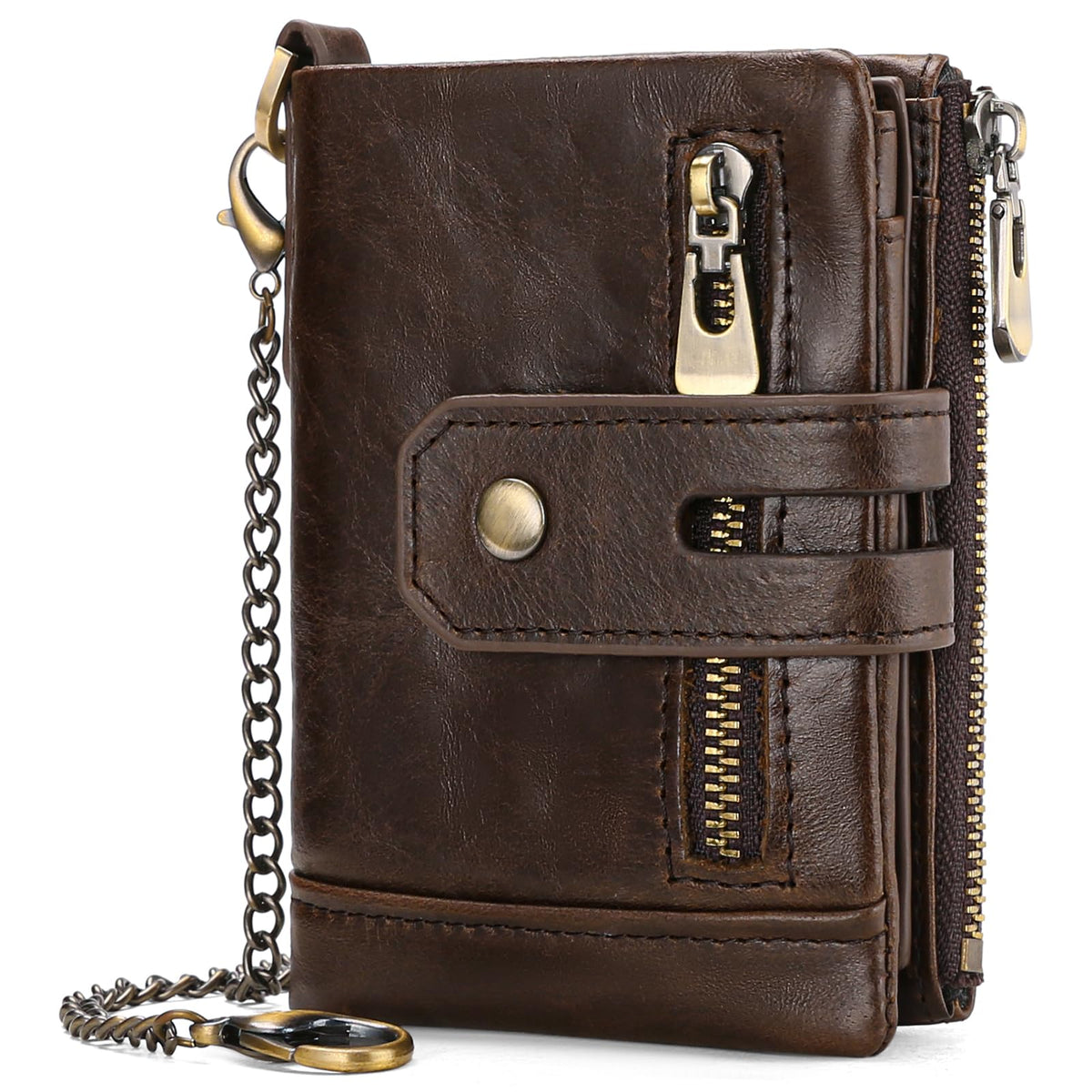 Men's RFID Blocking Bifold Chain Wallet Genuine Leather with Coin Pocket High Security Design (Coffee1)