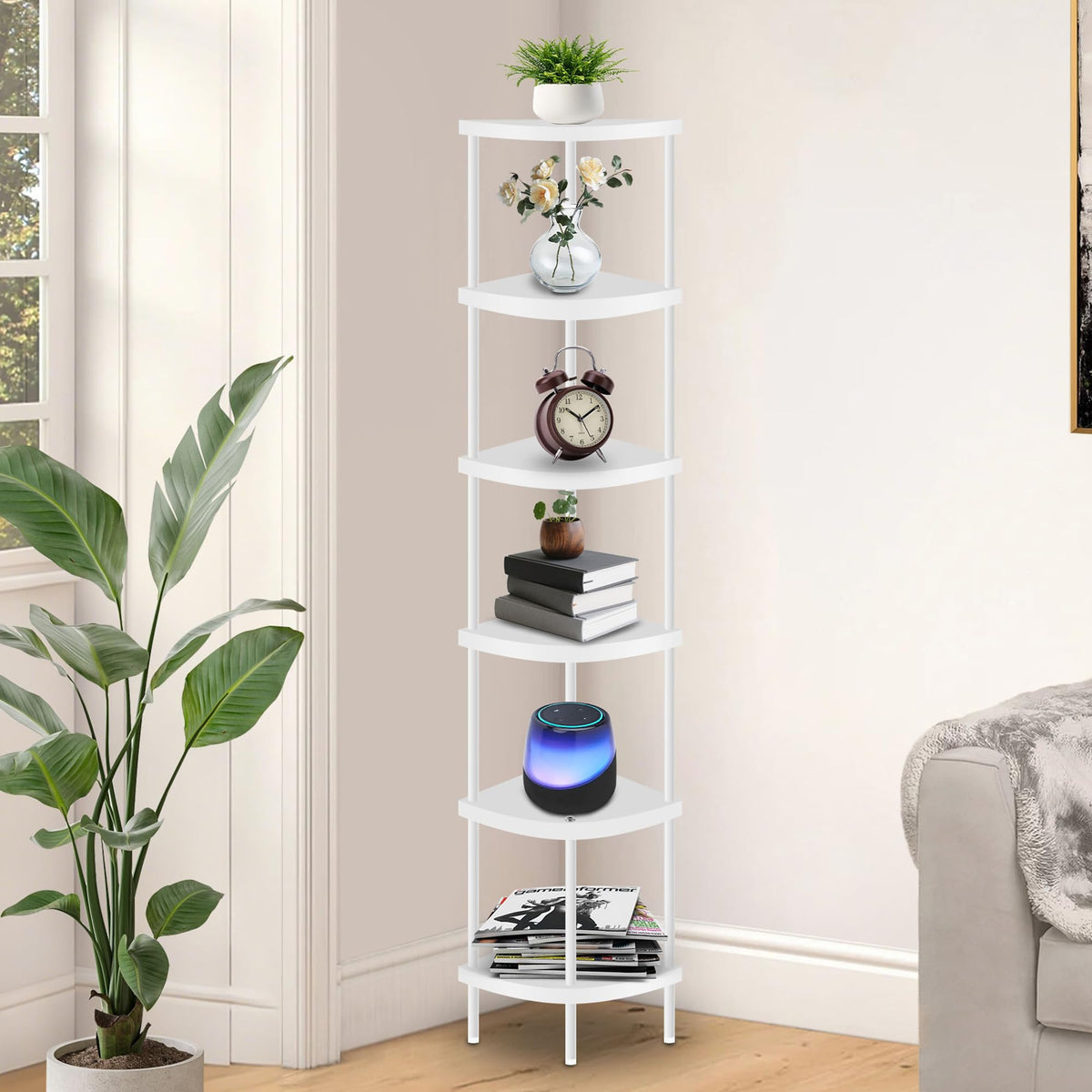 Qupui 6 Tier Corner Shelf Stand, 66” Tall Corner Bookshelf Multipurpose Shelving Unit, Plant Stand Display Rack Home Organizer Shelves for Bedroom Living Room, White