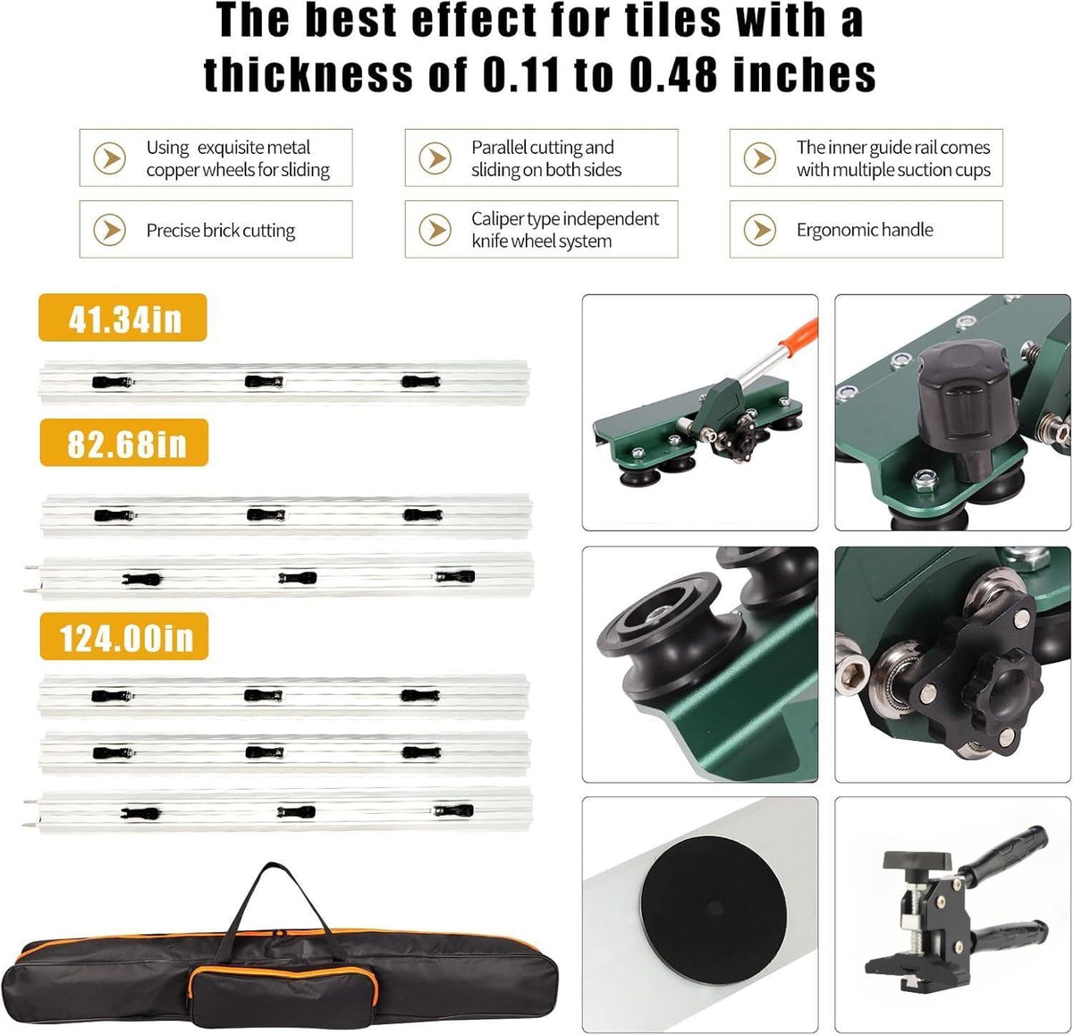 71" Manual Tile Cutter, Large Format Ceramic Tile Cutting Tool with Built-in Suction Cups & Tile Clamp, 3-Head Scoring Wheel System, for Up to 0.47-Inch Thick Tiles