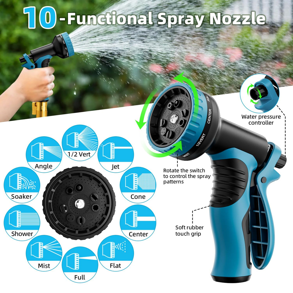 Garden Hose, Non-Expandable Water Hose 100ft, Flexible, Kink & Leak Proof Water Pipe with 10-Function Spray Nozzle, Lightweight Outdoor Hose for Yard, Lawn, Car Wash, RV and Home Use