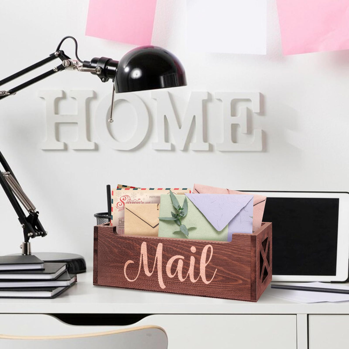 Wooden Mail Organizer Mail Holder Countertop, Farmhouse Brown Mail Tray Mail Storage Box for Wall, Rustic Mail Basket Letter Holder for Office Desk