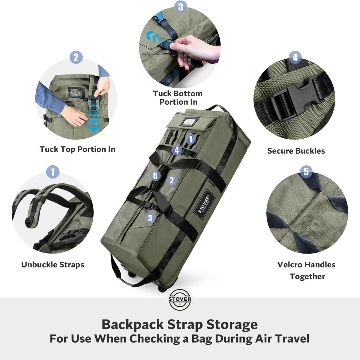 STOVER 45/80/100L Rolling Duffel Bag with Wheels, Large Durable Travel Duffle + Toiletry Bag, Heavy Duty, Packable, Foldable with Shoulder Straps- Use as Luggage or Backpack, Men/Women (Green)