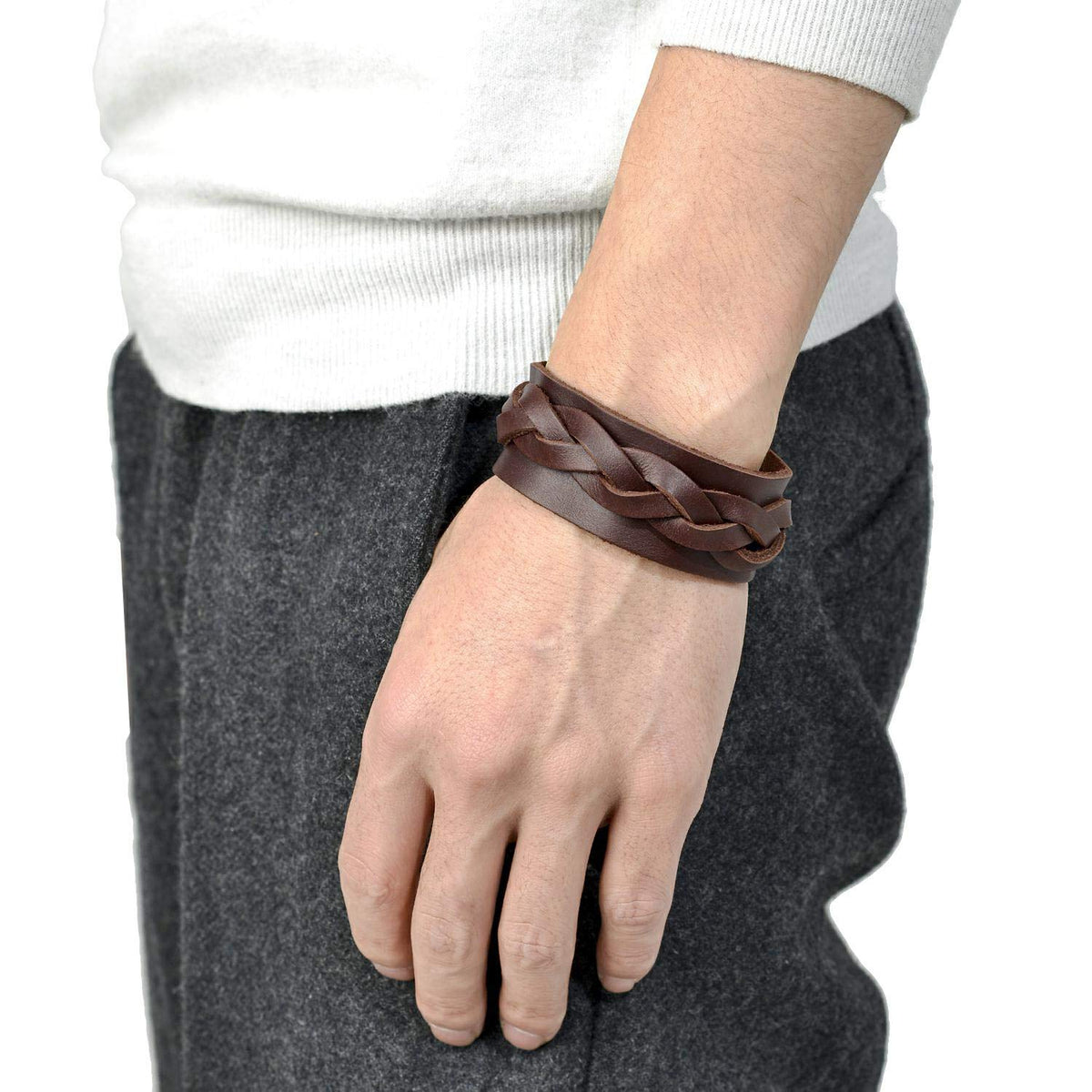 Tornito 3Pcs Genuine Leather Bracelet Braided Biker Cuff Strap Punk Wide Belt Bangle Wristband For Women Men Black Brown Size Adjustable