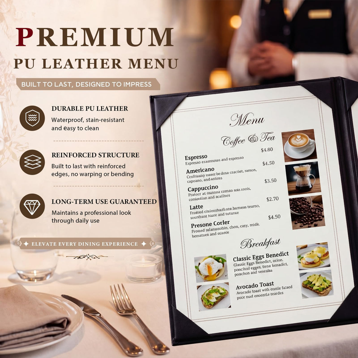 Durable PU Leather Material: PU Leather Resists Scratches, Stains, and wear, Keeping menus Looking Professional and Clean in Busy Restaurants, cafes, and Bars