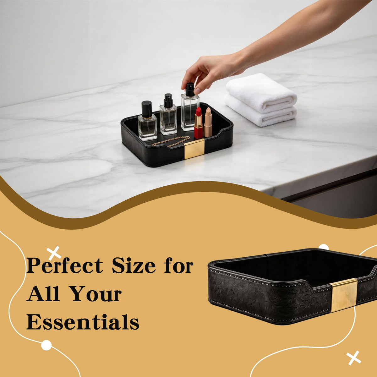 Black Leather Valet Tray - Multi-Use Nightstand Tray, Decorative Tray for Jewelry, Perfume, and Accessories Storage (Black)