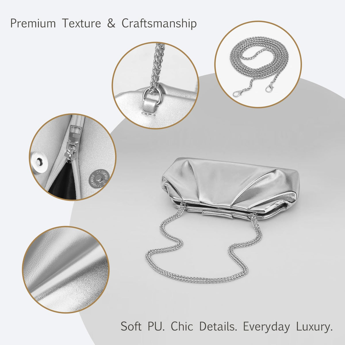 Clutch Purses for Women – Elegant Pleated Soft PU Leather Evening Bag with Detachable Chain, Ideal for Weddings & Parties (Silver)