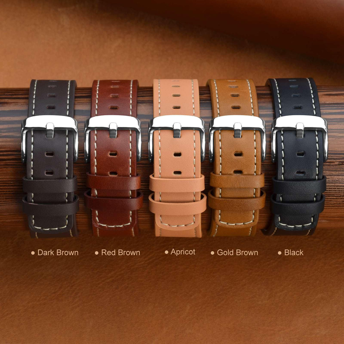 ANNEFIT 21mm Watch Band, Quick Release Genuine Leather Replacement Strap (Red Brown)