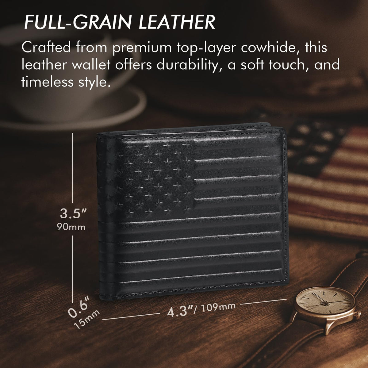 Pefiam Full Grain Leather Wallet for Men, RFID Blocking, Bifold with 2 ID Windows, 13 Card Slots, American Flag Wallet Black