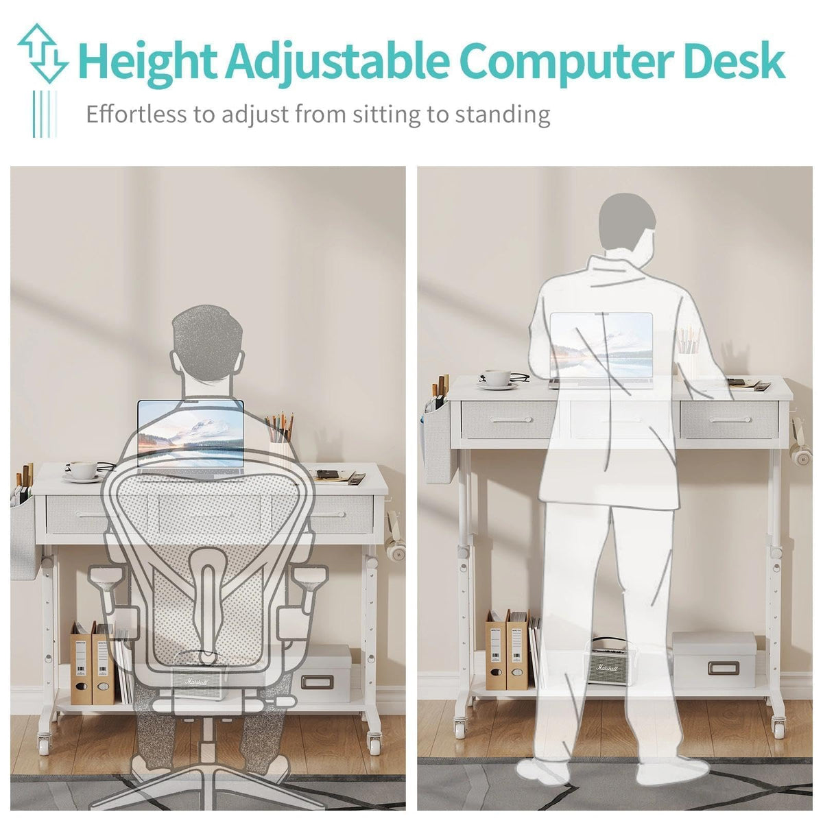 White Portable Rolling Computer Desk - 40 Inch Adjustable Mobile Standing Teacher Desks with 3 Fabric Drawers on Wheels, Couch Sofa Side Laptop Stand Up Table with Storage for Home Office, White