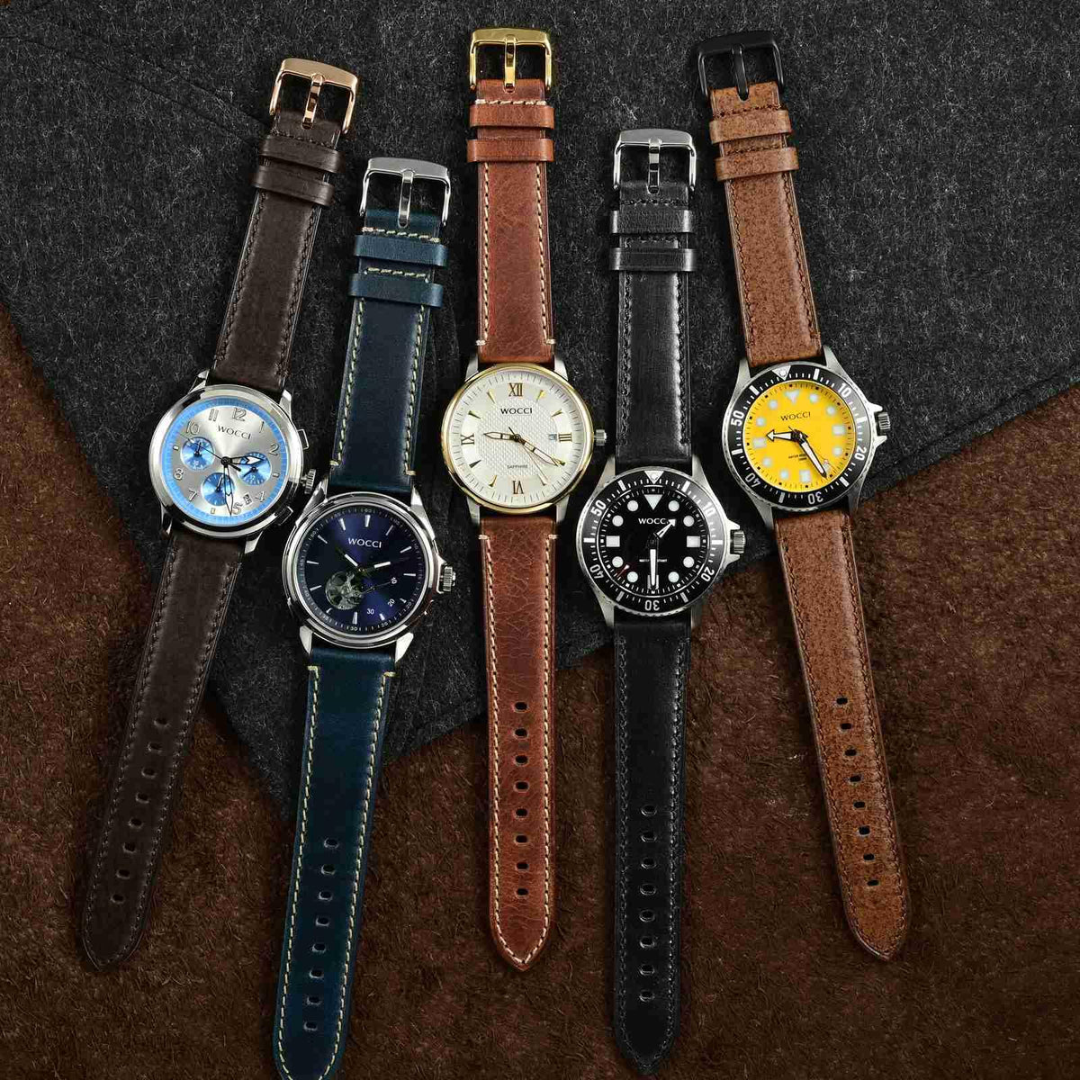 WOCCI 20mm Watch Band, Pull Up Leather, Polished Silver Buckle (Midnight Blue)