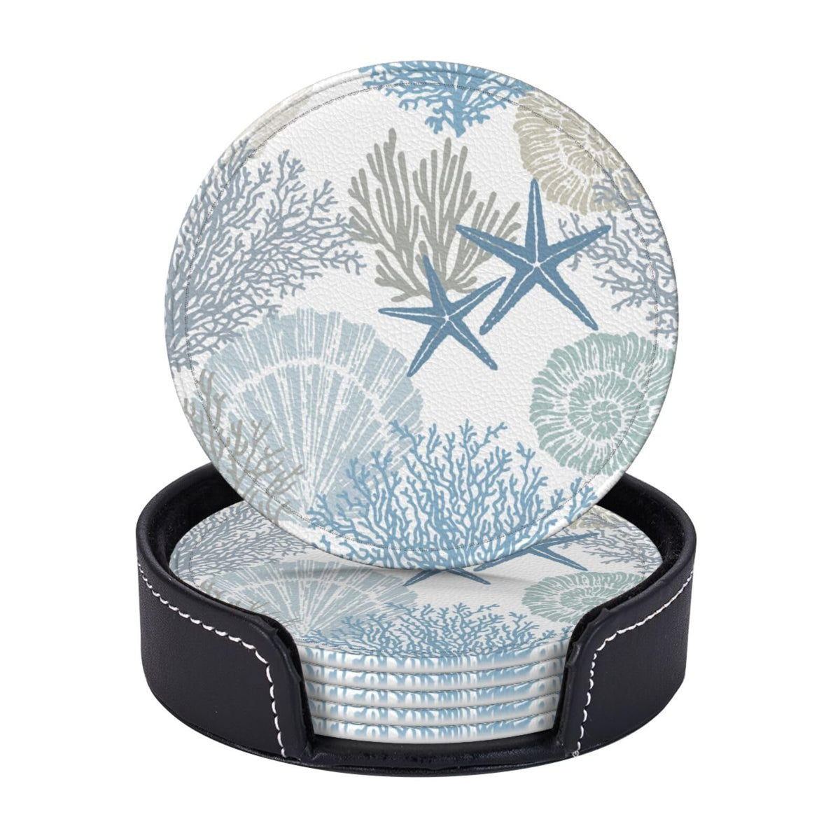 Nautical Sea Shell Star Coral Coastal Coasters for Drinks Round Leather Coaster with Holder Set of 6 for Tabletop Protection Desk Accessories Office Home Room Decor