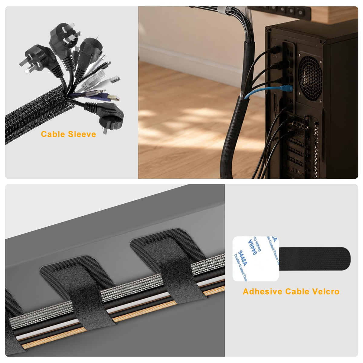 494 PCS Cable Management Kit - 4 Cable Sleeve Split, 2 Cable Organizer, 130 Adhesive Cable Clip, 6 Cable Holder, 2 Roll Cable Organizer Strap, 300 Cable Tie with 50 Mount, for Computer TV Under Desk