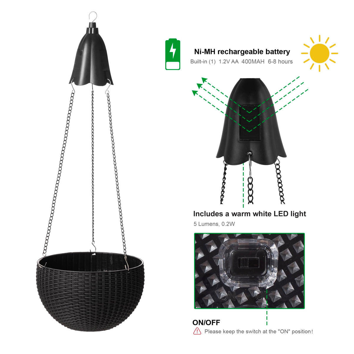 Glitzhome 30" H Plastic Hanging Planter with Solar Lights, Black Plant Basket Hanger with Chain for Outdoor Indoor Plants