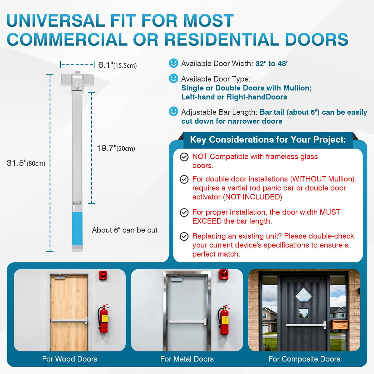 IRONWALLS 32 Inch Panic Bars for Exit Doors, Commercial Emergency Exit Push Bar Panic Exit Device with Exterior Lever Trim for 32" to 48" Wood Metal Door, Heavy Duty Steel Panic Door Hardware, Silver