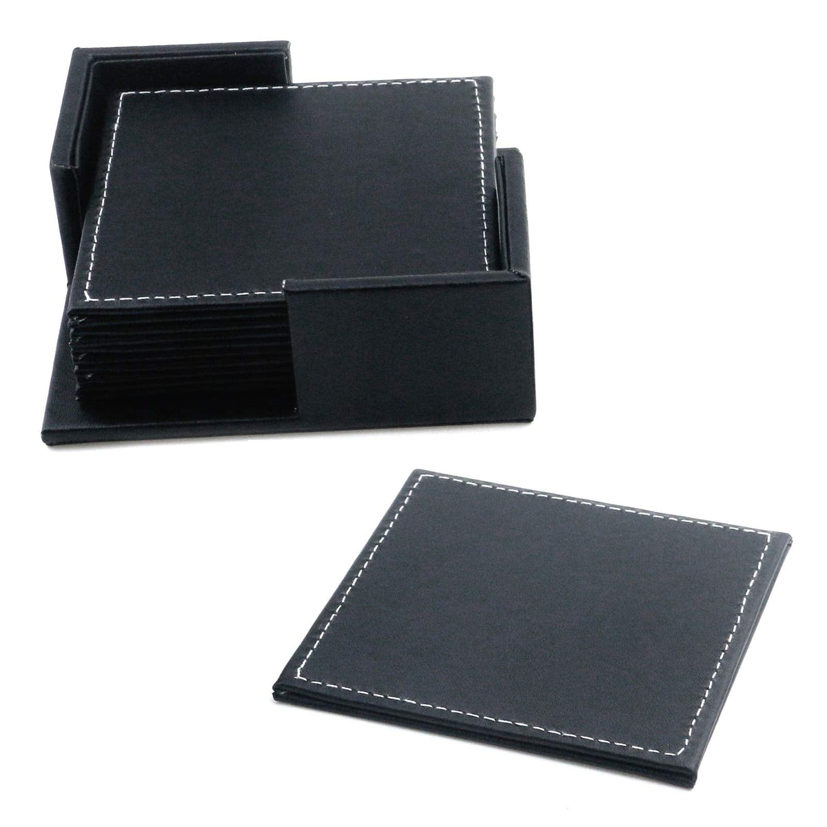 Semetall Drink Coasters 6 Pack Premium PU Leather Square Coasters for Drinks Heat Resistant Drinks Coasters with Coasters Storage Box Black Coaster Fit Common Size Drinking Glass(4"x4"x0.2")