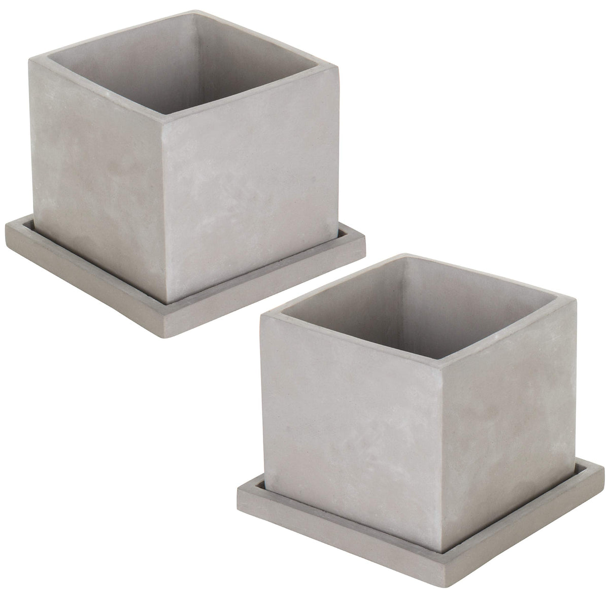 MyGift 5-Inch Square Light Gray Cement Plant Pot with Drainage, Small Flower Succulent Planters with Removable Saucer Trays, Set of 2